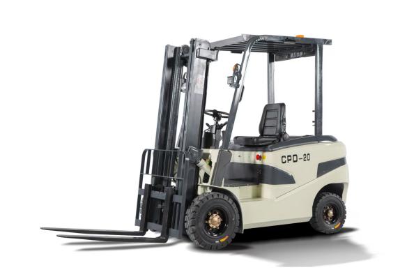 Gangchi 2 ton electric forklift with hydraulic hoses and brake components visible